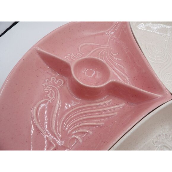 Vintage Rooster Divided Serving Platter Set - Pink & White Ceramic - 4 Sections - Picture 8 of 13